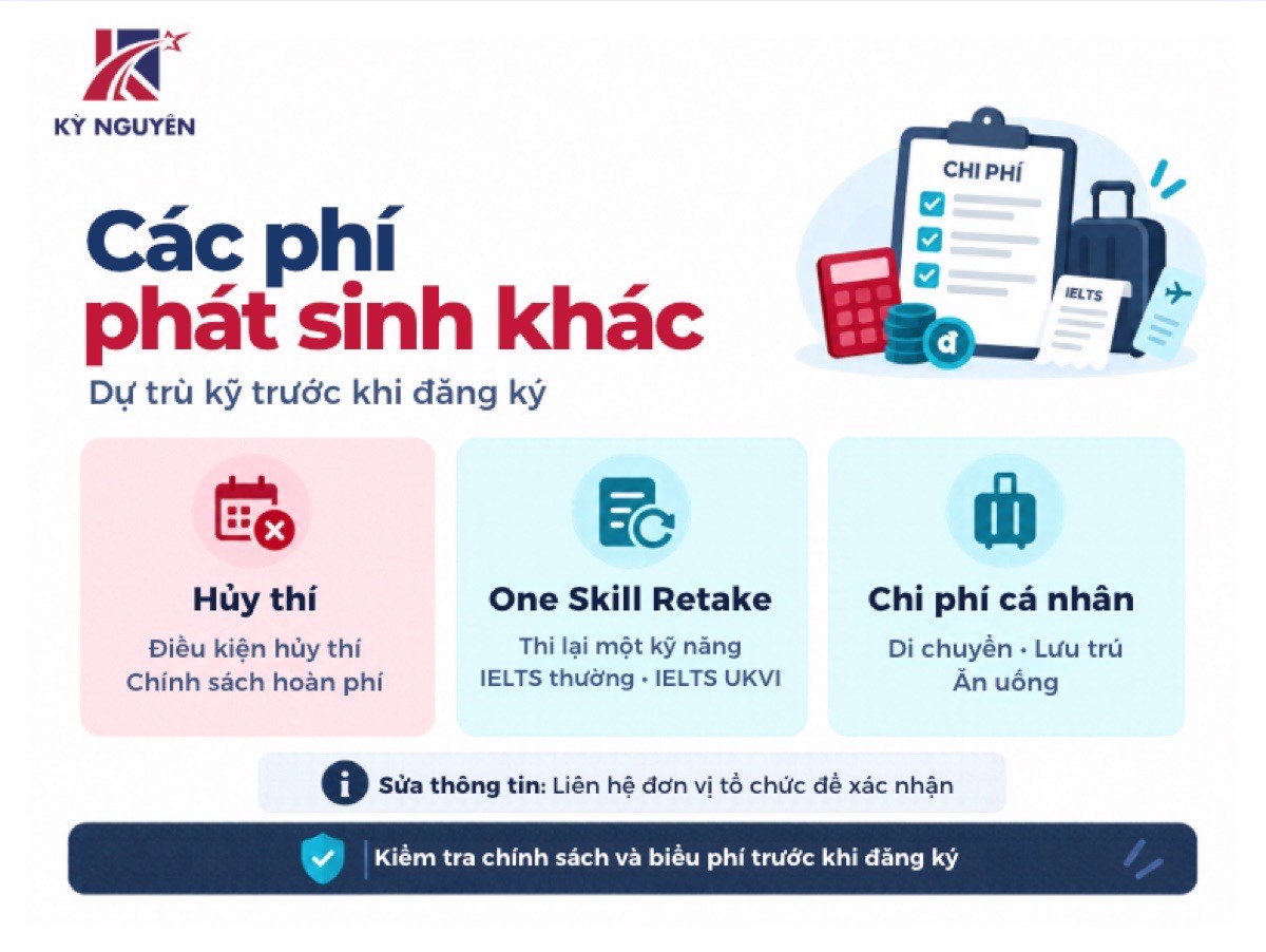 Các khoản phí phát sinh khi thi IELTS gồm dịch vụ, đi lại, lưu trú và gửi xe