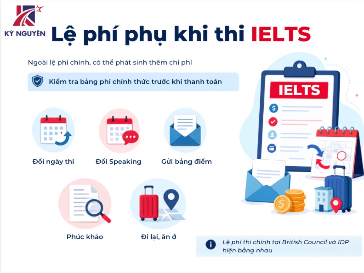 Các lệ phí phụ khi thi IELTS gồm đổi lịch, gửi bảng điểm, phúc khảo và đi lại