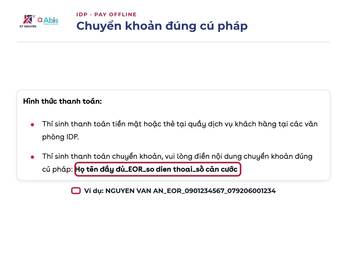 Nội dung chuyển khoản phí phúc khảo IELTS tại IDP ghi theo cú pháp Họ tên đầy đủ_EOR_số điện thoại_số căn cước. Ảnh chụp trang phúc khảo IDP Việt Nam, 10/2026.