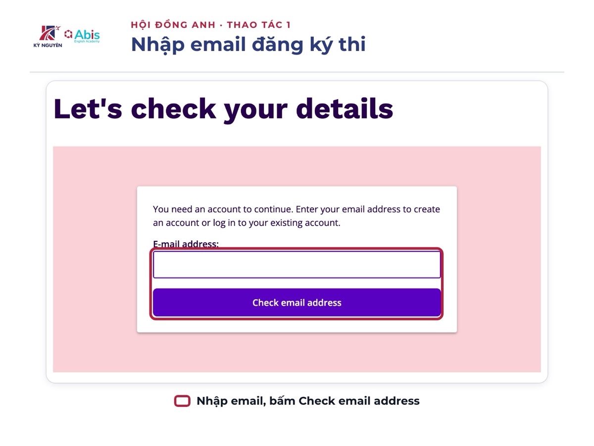 Nhập email đã dùng khi đăng ký thi rồi bấm Check email address để đăng nhập Test Taker Portal. Ảnh chụp trang đăng nhập Hội đồng Anh, 10/2026.