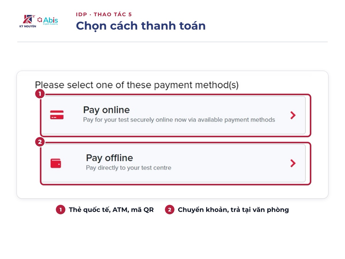 Chọn Pay online để thanh toán bằng thẻ quốc tế, ATM hoặc mã QR, hoặc Pay offline để chuyển khoản, thanh toán tại văn phòng IDP. Ảnh: IDP IELTS Việt Nam.