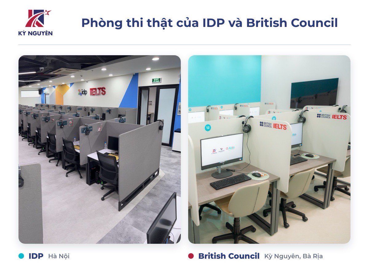 Phòng thi IELTS trên máy của IDP tại Hà Nội và của British Council tại Kỳ Nguyên Bà Rịa đều chia vách ngăn và đánh số từng máy.